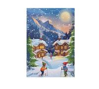Drapeau de jardin « Merry Christmas » pour enfants skiant dans le village, bannières imprimées double face pour décoration de ferme, petite décoration saisonnière 30,5 x 45,7 cm