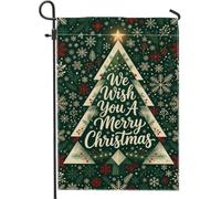 Drapeau de jardin « Merry Christmas Tree » - 30,5 x 45,7 | Motif d'arbre stylisé, drapeau de cour, texte d'écriture élégant, motifs flocons de neige, accents botaniques d'hiver