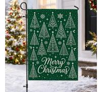 Drapeau de jardin « Merry Christmas Tree Forest » 30,5 x 45,7 | Décoration saisonnière d'hiver, drapeau de pelouse, silhouettes de pin blanc, dessins fantaisie, accents de cour extérieure