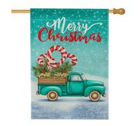 Drapeau de jardin « Merry Christmas » - Turquoise - Vintage - Camion en sucre d'orge - Décoration de vacances - Bannière double face en toile de jute pour décoration de pelouse extérieure - 71 x 101