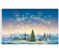 Drapeau De Jardin Merry Christmas Xmas Trees Firework Snow House Landscape Winter Pride Flag Amusante Drapeaus Décoratif Premium Garden Flag Pour Pelouse Cour Pavillon 152X90CM