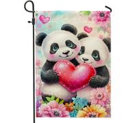 Drapeau de jardin mignon en forme de panda, ours d'amour en pêche, décoration de pelouse florale double face en toile de jute pour la Saint-Valentin et le printemps, 30,5 x 45,7 cm