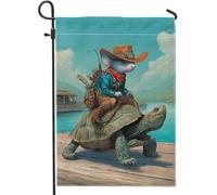 Drapeau de jardin mignon en toile de jute double face avec tortue chevauchée, personnage d'animal bleu, bannière de cour pour décoration de fête d'été, 30,5 x 45,7 cm
