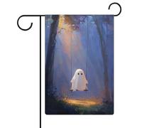 Drapeau de jardin mignon fantôme sur une balançoire en toile de jute double face 30,5 x 45,7 cm