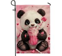 Drapeau de jardin mignon panda au lait, adorable ours de pêche, drapeaux de jardin, drapeau de jardin double face en toile de jute, décoration de pelouse extérieure de Saint-Valentin, 30,5 x 45,7 cm