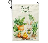 Drapeau de jardin mignon renard et lapin, paysage d'animaux colorés, bannière de décoration d'intérieur, art naturel double face, décoration extérieure, parfait pour le printemps et l'été, 30,5 x 45,7
