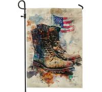 Drapeau de jardin militaire patriotique - Bottes de combat vintage rouge et marron - Bannière de jardin - Bannière double face en toile de jute - Décoration de pelouse extérieure - 30,5 x 45,7 cm
