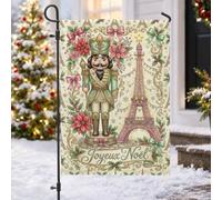 Drapeau de jardin motif casse-noisette parisien 30,5 x 45,7 cm | Motif de la tour de Paris, drapeau de pelouse, accents floraux de poinsettia, détails de ruban élégant