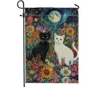 Drapeau de jardin motif chat floral noir et blanc, décoration de pelouse extérieure, printemps été, drapeau artistique double face, 30,5 x 45,7 cm