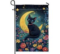 Drapeau de jardin motif chat lune, décoration florale colorée, décoration de maison et de pelouse, œuvre d'art double face pour fête en plein air, 30,5 x 45,7 cm