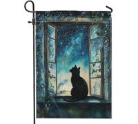 Drapeau de jardin motif chat nuit étoilée de minuit, décoration extérieure, drapeau de jardin double face en toile de jute pour décoration d'intérieur confortable, art saisonnier de pelouse, cadeau