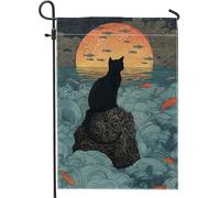Drapeau de jardin motif chat océan coucher de soleil, silhouette de félin noir, décoration d'intérieur, drapeau de cour, drapeau décoratif double face, décoration extérieure, cadeau saisonnier