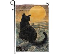 Drapeau de jardin motif chat soleil vagues, décoration de soirée d'automne, drapeau double face en polyester imperméable, décoration de la maison pour amoureux des chats, 30,5 x 45,7 cm