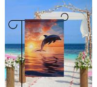 Drapeau de jardin motif dauphin coucher de soleil pour extérieur, 30,5 x 45,7 cm, drapeau de jardin printemps été, drapeau saisonnier double face, panneau de bienvenue durable pour terrasse, pelouse