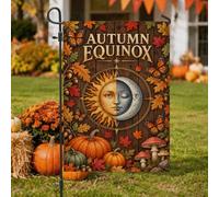 Drapeau de jardin motif équinoxe d'automne céleste soleil lune 30,5 x 45,7 | Papillons monarques, drapeau de cour, citrouilles, feuilles d'automne, texture bois rustique, thème céleste