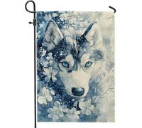 Drapeau de jardin motif loup d'hiver, bleu arctique canin floral, décoration d'intérieur, drapeau de cour, décoration extérieure double face, parfait pour les fêtes de fin d'année, 30,5 x 45,7 cm