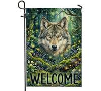 Drapeau de jardin motif loup, fleurs fantaisistes, arbres, printemps vert toile de jute double face, drapeaux décoratifs pour extérieur, terrasse, pelouse, porche, entrée, camping, 30,5 x 45,7 cm