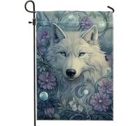 Drapeau de jardin motif loup printemps été, bannière florale renard bleu, bannière de décoration extérieure, drapeau de cour double face, décoration de la maison 30,5 x 45,7 cm