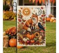 Drapeau de jardin motif renards mystiques et récolte céleste 30,5 x 45,7 cm | Lune céleste et soleil, drapeau de pelouse, hérisson des bois et corbeau, récolte de citrouilles, feuillage d'automne vibrant