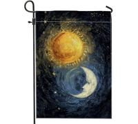 Drapeau de jardin motif soleil et lune, bannière céleste jaune et bleue, drapeau de cour en toile de jute double face, décoration de pelouse extérieure 30,5 x 45,7 cm