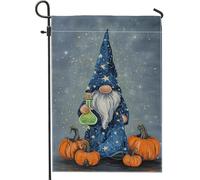 Drapeau de jardin nain d'automne, magicien bleu avec citrouilles et étoiles, décoration extérieure, bannière double face en toile de jute pour fête d'automne, décoration de pelouse, 30,5 x 45,7 cm
