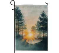 Drapeau de jardin naturel lever du soleil, arbres et rayons aquarelles, décoration extérieure pour toutes les saisons, bannière de cour en tissu double face, décoration murale de maison et de jardin