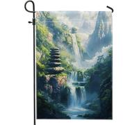 Drapeau de jardin naturel serein, cascade de montagne majestueuse, bannière de décoration d'intérieur, toile de jute double face, décoration extérieure, lac, pelouse, 30,5 x 45,7 cm