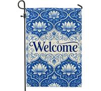 Drapeau de jardin nénuphar traditionnel, élégant, ornement bienvenue bleu double face en toile de jute pour extérieur, terrasse, pelouse, porche, entrée, camping 30,5 x 45,7 cm