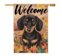 Drapeau de jardin noir teckel bienvenu, feuilles d'automne, décoration extérieure, bannière de pelouse double face en toile de jute, décoration de la maison d'automne pour les amoureux des animaux, 71