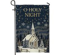 Drapeau de jardin O Holy Night Church Thème Noël 30,5 x 45,7 cm | Forêt de pins enneigée, drapeau de pelouse, accents de partition musicale, silhouette nocturne étoilée, thème religieux