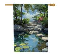 Drapeau de jardin Oasis tropical, paysage de nénuphar bleu, bannière de décoration d'intérieur, drapeau double face en toile de jute, décoration de pelouse extérieure, 71,1 x 101,6 cm