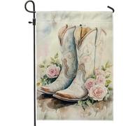Drapeau de jardin occidental printemps été, bottes de cowboy blanches, pêche, roses, bannière de décoration d'intérieur, toile de jute double face, décoration de fête 30,5 x 45,7 cm