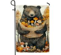Drapeau de jardin ours d'automne, ours marron avec champignons et feuilles, bannière de décoration d'intérieur, drapeau de cour double face en toile de jute, décoration extérieure saisonnière 30,5 x