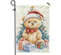 Drapeau de jardin ours en peluche de Noël, décoration de vacances d'hiver avec cadeaux festifs, impression double face en toile de jute pour pelouse et maison, décoration mignonne d'arbre de Noël 30,5