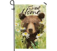 Drapeau de jardin ours - Tons terreux - Décoration florale et faune - Bannière d'extérieur pour printemps et été - Drapeau double face en toile de jute pour décoration de pelouse - 30,5 x 45,7 cm