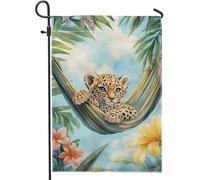 Drapeau de jardin ourson léopard, joli bébé léopard dans un hamac, scène naturelle, décoration extérieure, bannière tropicale d'été double face, décoration de pelouse pour la maison, les fêtes et les