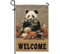 Drapeau de jardin panda de bienvenue automnal, ours mignon beige avec citrouilles, décoration extérieure, bannière double face en toile de jute pour la saison d'automne, décoration de la maison, 30,5