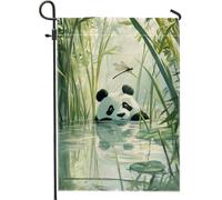Drapeau de jardin panda libellule, décoration extérieure en bambou vert, bannière de jardin double face pour décoration de pelouse printemps-été, joli drapeau de maison sur le thème de la faune, 30,5