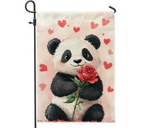 Drapeau de jardin panda mignon, cœur floral pêche, décoration extérieure, drapeau double face en toile de jute printemps été, décoration de fête d'amour, 30,5 x 45,7 cm