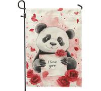 Drapeau de jardin panda mignon, rose rouge pêche, drapeau de décoration d'intérieur, double face en toile de jute pour décoration de pelouse pour la saison de l'amour, style animal adorable 30,5 x