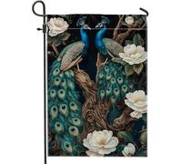 Drapeau de jardin paon coloré bleu vert, bannière florale extérieure printemps-été, décoration de pelouse double face, 30,5 x 45,7 cm
