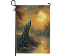 Drapeau de jardin paon, oiseau bleu vert avec pleine lune, scène naturelle de vacances d'automne, style aquarelle élégant pour décoration de cour extérieure, 30,5 x 45,7 cm