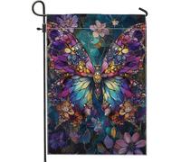 Drapeau de jardin papillon coloré printemps été, bannière florale en verre teinté violet, décoration extérieure double face pour jardin, pelouse, 30,5 x 45,7 cm