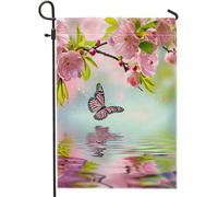 Drapeau de jardin papillon fleurs de cerisier floral fantaisie reflet de l'eau printemps naturel rose lin mini lourd épais maison fête intérieur extérieur clôture pelouse drapeau de jardin extérieur