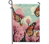 Drapeau de jardin papillon floral printemps beau botanique bohème artistique en lin rose bleu décoration d'intérieur décoration murale extérieur patio jardin intérieur maison taille standard 30,5 x