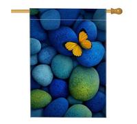 Drapeau de jardin papillon printemps été, galets bleus et verts, bannière décorative double face en toile de jute pour décoration de pelouse extérieure, décoration de fête sur le thème de la nature