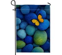 Drapeau de jardin papillon printemps été, galets bleus et verts, bannière décorative double face en toile de jute pour décoration de pelouse extérieure, décoration de fête sur le thème de la nature