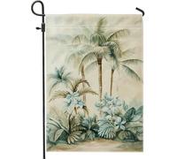 Drapeau de jardin Paradis tropical, feuilles de palmier vertes douces, hibiscus, bannière de décoration d'intérieur, bannière double face en toile de jute, décoration extérieure d'été 30,5 x 45,7 cm