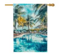 Drapeau de jardin paradisiaque tropical, palmiers bleus au bord de la piscine, décoration extérieure, bannière double face en toile de jute, décoration de pelouse pour fête de vacances, 71 x 101,6 cm