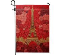 Drapeau de jardin parisien romantique, tour Eiffel rouge, cœurs, rose, décoration florale double face pour la Saint-Valentin et le printemps, drapeau de cour sur le thème de l'amour 30,5 x 45,7 cm